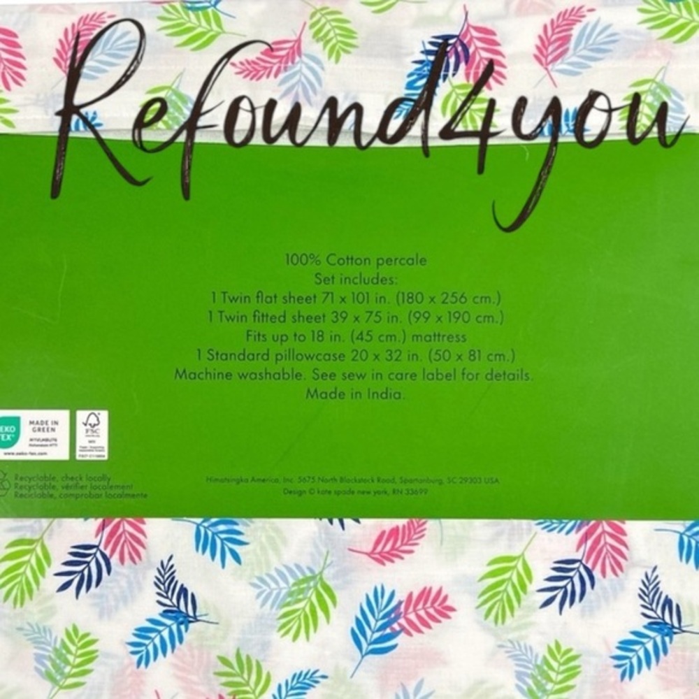 Kate Spade - ‘Tropical Leaf’ Twin Sheet Set. NWT. Firm!